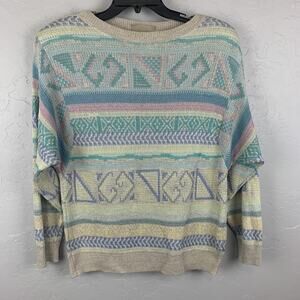 Vintage Bogner Sweater Womens Medium Pastel Geometric Knit Linen Cotton 80s